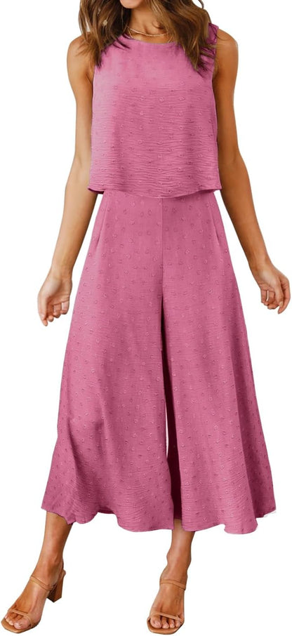 ROYLAMP Women's Summer 2 Piece Outfits Round neck Crop Basic Top Cropped Wide Leg pants Set Jumpsuits