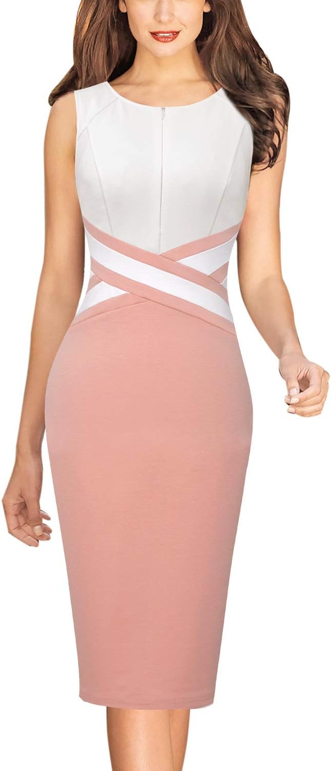 VFSHOW Womens Colorblock Patchwork Slim Front Zipper Work Business Office Party Bodycon Pencil Sheath Dress
