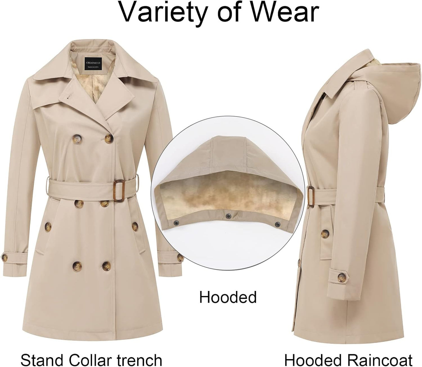 CREATMO US Women's Trench Coat Double-Breasted Classic Lapel Overcoat Belted Slim Outerwear Coat with Detachable Hood
