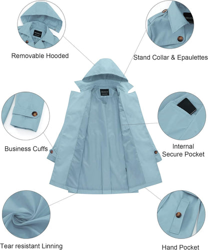 CREATMO US Women's Trench Coat Double-Breasted Classic Lapel Overcoat Belted Slim Outerwear Coat with Detachable Hood