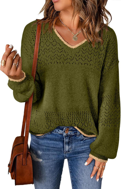 Womens Sweaters Causal Long Sleeve V Neck Lightweight Corchet Pullover Sweater Tops