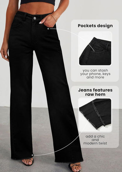 PRETTYGARDEN Wide Leg Jeans for Women Trendy 2025 High Waisted Stretchy Baggy Raw Hem Denim Palazzo Pants with Pockets