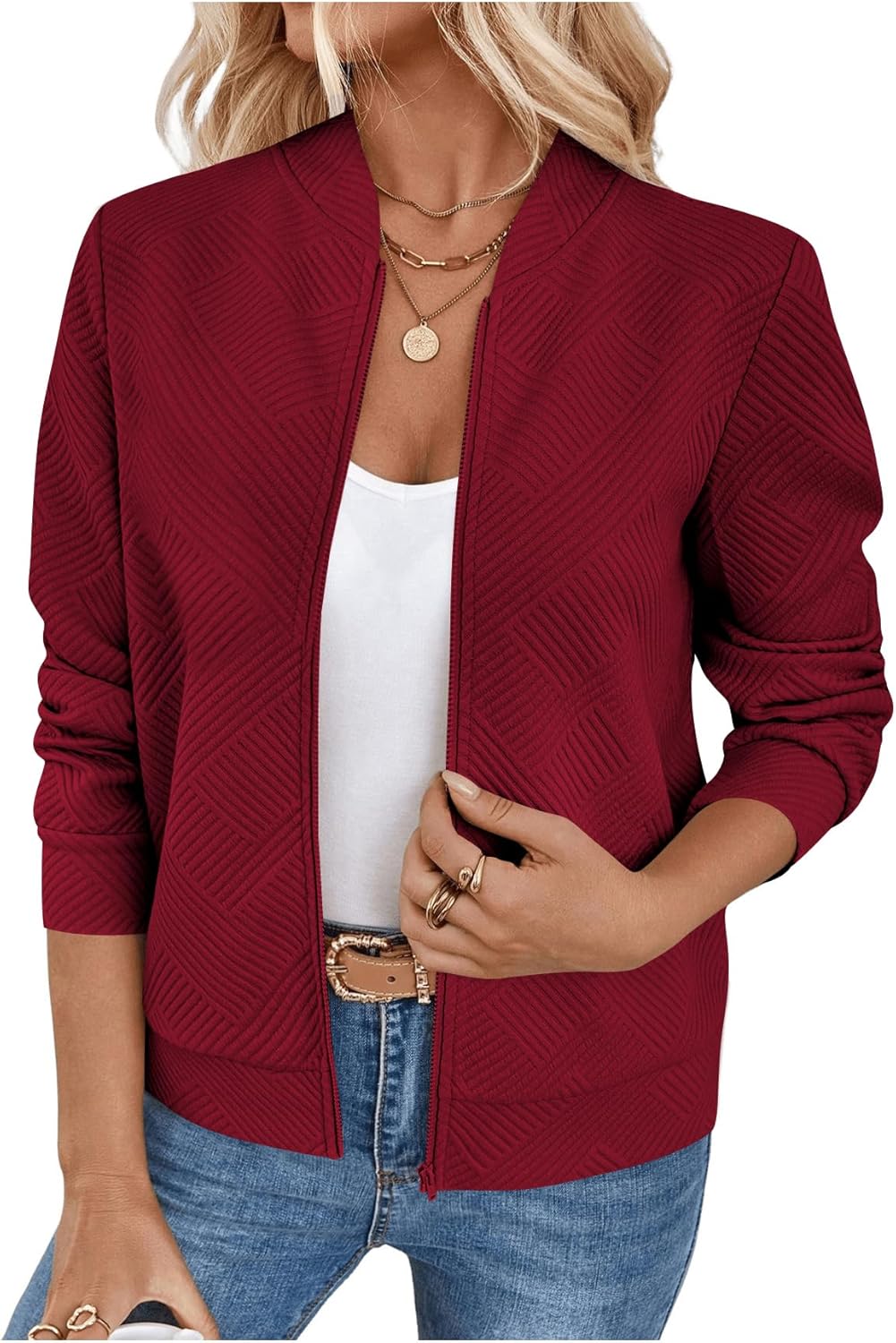 Verdusa Women's Zip Up Textured Lightweight Bomber Jacket Casual Long Sleeve Outerwear