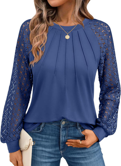 AUTOMET Womens Long Sleeve Shirts Pleated Lace Tops Fall Fashion Outfits Business Casual Blouses