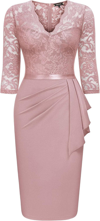 Miusol Women's Retro V Neck Floral Lace Ruffle Style Cocktail Party Dress