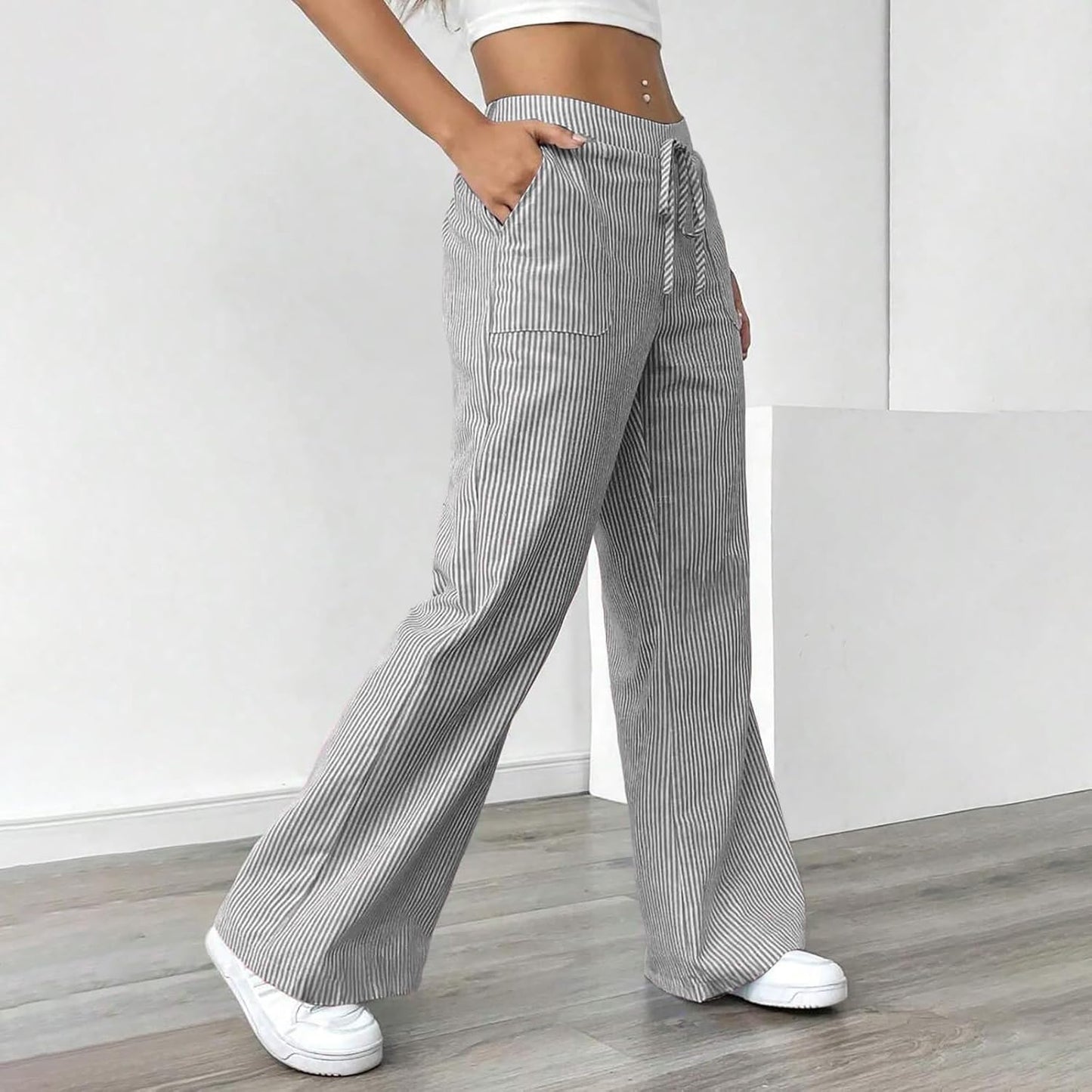 Women's Fashion Striped Cotton Linen Pants Casual Drawstring Waist Wide Leg Pants 2025 Trendy Baggy Beach Trousers