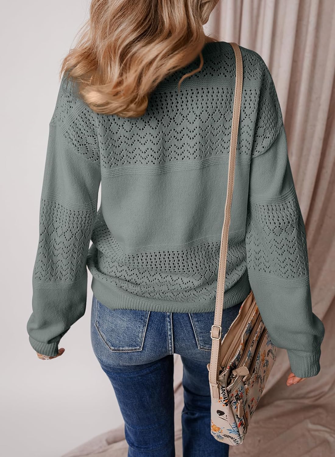 Womens Sweaters Causal Long Sleeve V Neck Lightweight Corchet Pullover Sweater Tops