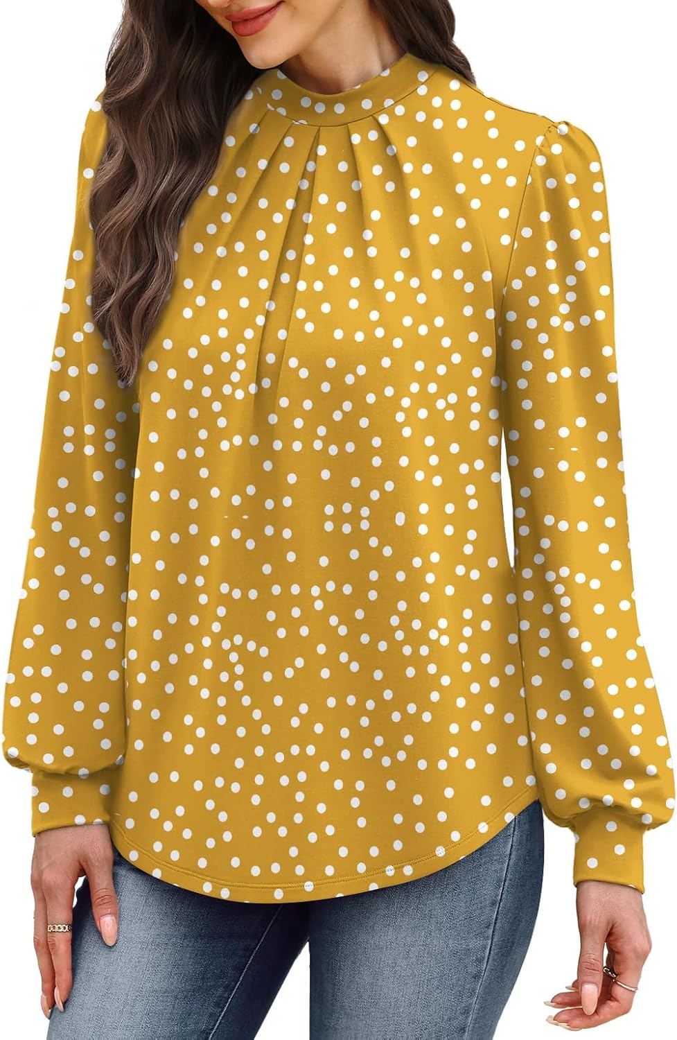 WIHOLL Long Sleeve Shirts for Women Mock Neck Tops Pleated Front Blouses Dressy Casual Fall Clothes 2025 Fashion