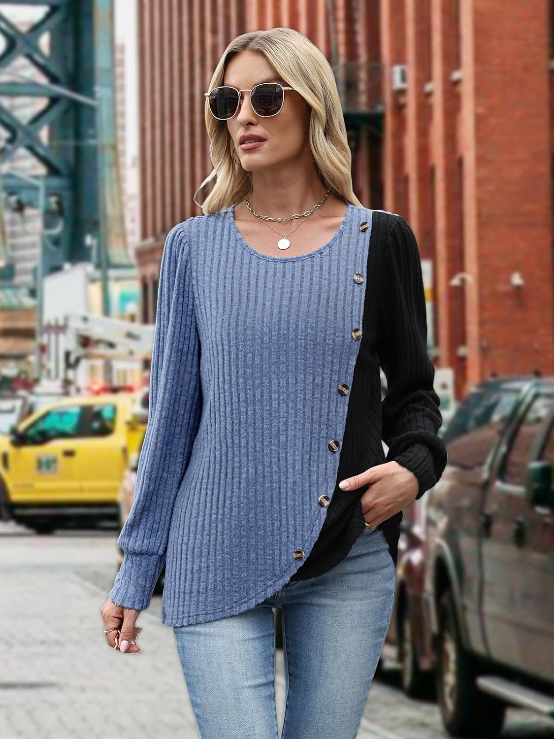 MixShe Womens Knit Sweaters 2025 Fall Winter Casual Long Sleeve Ribbed Colorblock Button Pullover Tops