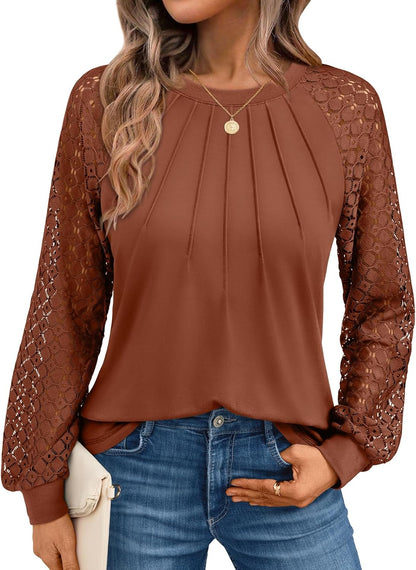 AUTOMET Womens Long Sleeve Shirts Pleated Lace Tops Fall Fashion Outfits Business Casual Blouses