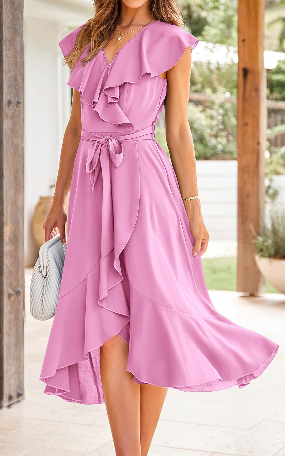 PRETTYGARDEN Women's 2025 Summer Cross Midi Dress Casual Boho Deep V Neck Short Sleeve Ruffle Hem Split Beach Long Dresses