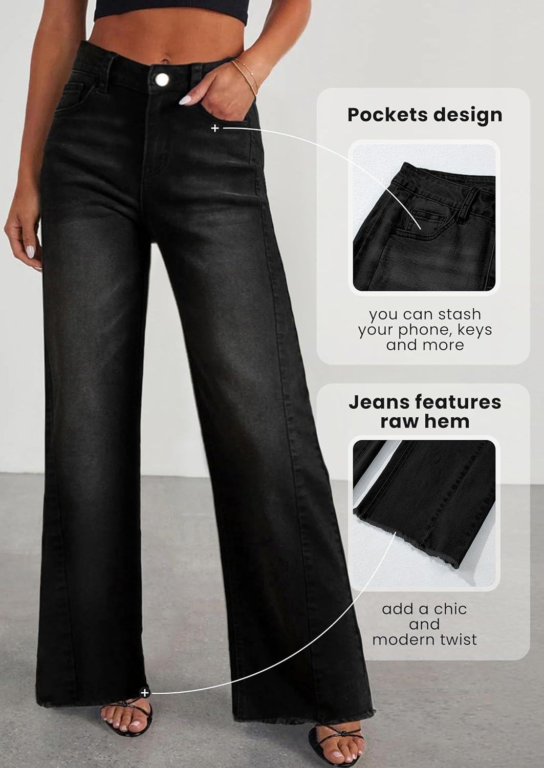 PRETTYGARDEN Wide Leg Jeans for Women Trendy 2025 High Waisted Stretchy Baggy Raw Hem Denim Palazzo Pants with Pockets