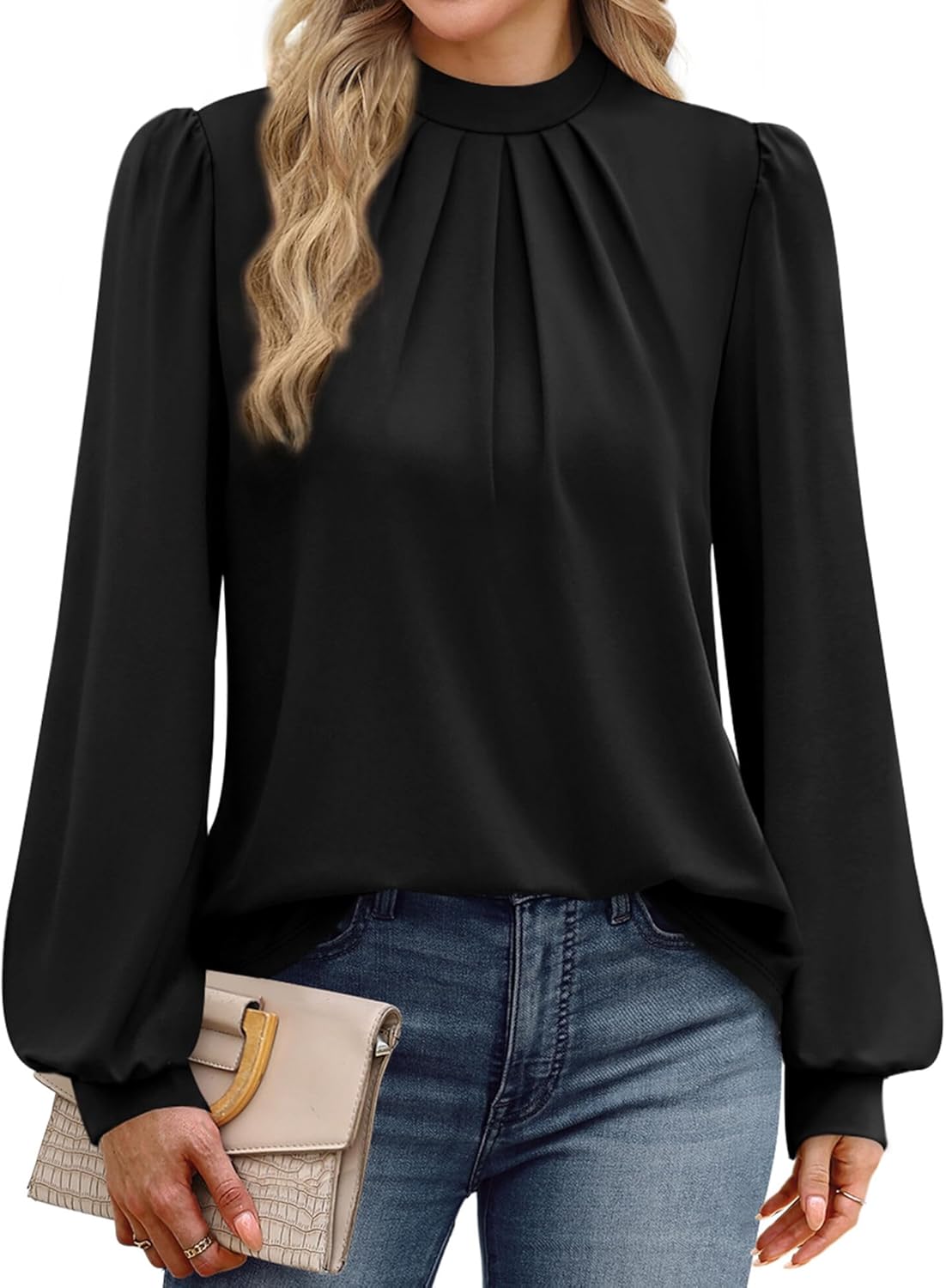 WIHOLL Long Sleeve Shirts for Women Mock Neck Tops Pleated Front Blouses Dressy Casual Fall Clothes 2025 Fashion