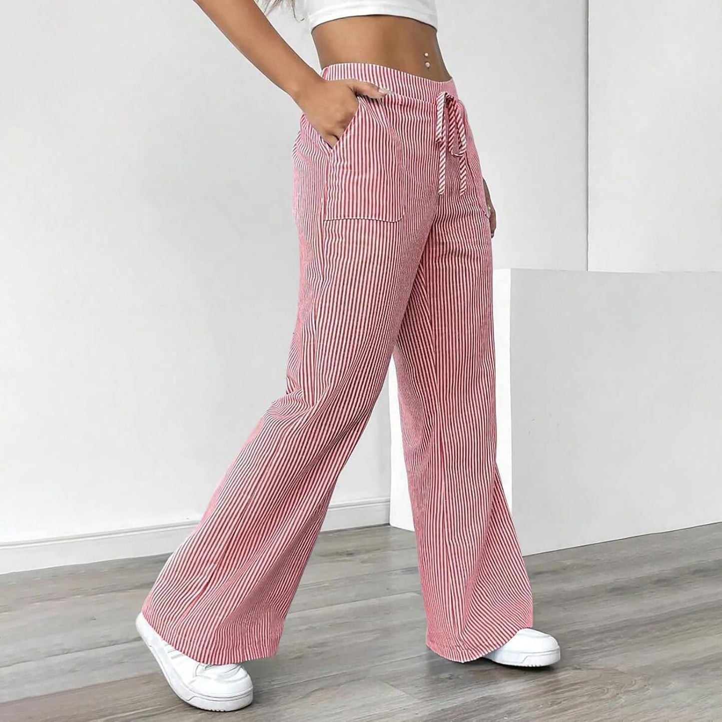 Women's Fashion Striped Cotton Linen Pants Casual Drawstring Waist Wide Leg Pants 2025 Trendy Baggy Beach Trousers