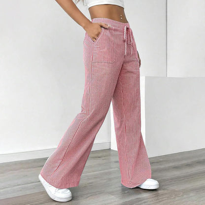 Women's Fashion Striped Cotton Linen Pants Casual Drawstring Waist Wide Leg Pants 2025 Trendy Baggy Beach Trousers