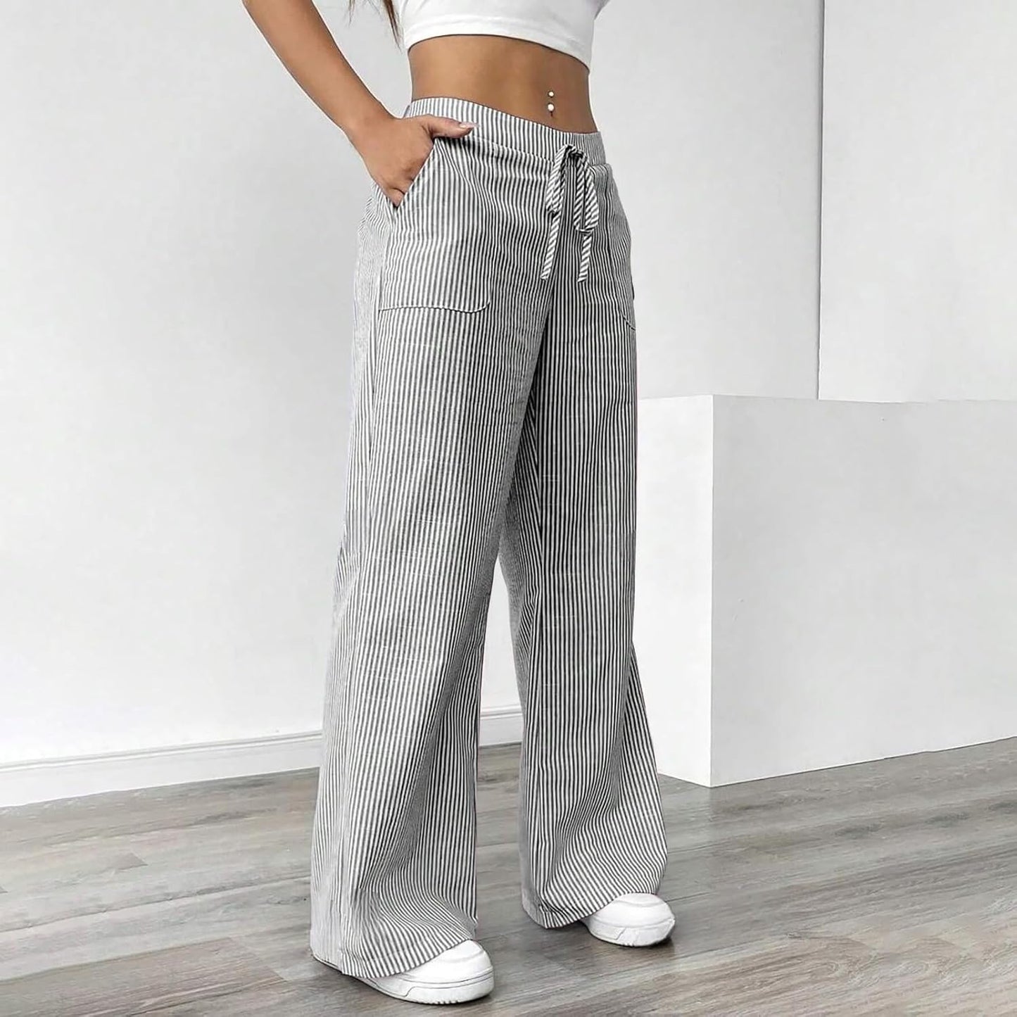 Women's Fashion Striped Cotton Linen Pants Casual Drawstring Waist Wide Leg Pants 2025 Trendy Baggy Beach Trousers