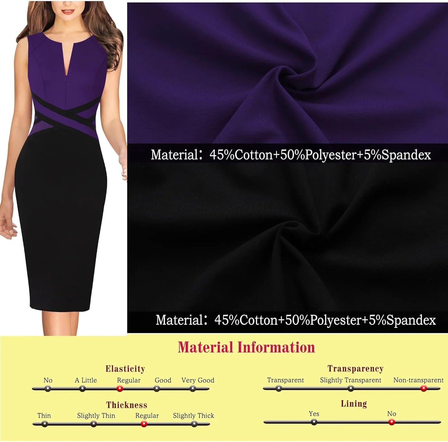 VFSHOW Womens Colorblock Patchwork Slim Front Zipper Work Business Office Party Bodycon Pencil Sheath Dress