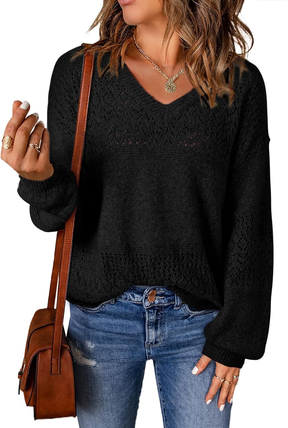 Womens Sweaters Causal Long Sleeve V Neck Lightweight Corchet Pullover Sweater Tops