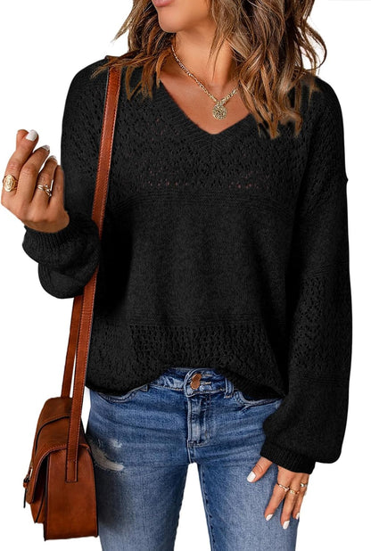 Womens Sweaters Causal Long Sleeve V Neck Lightweight Corchet Pullover Sweater Tops