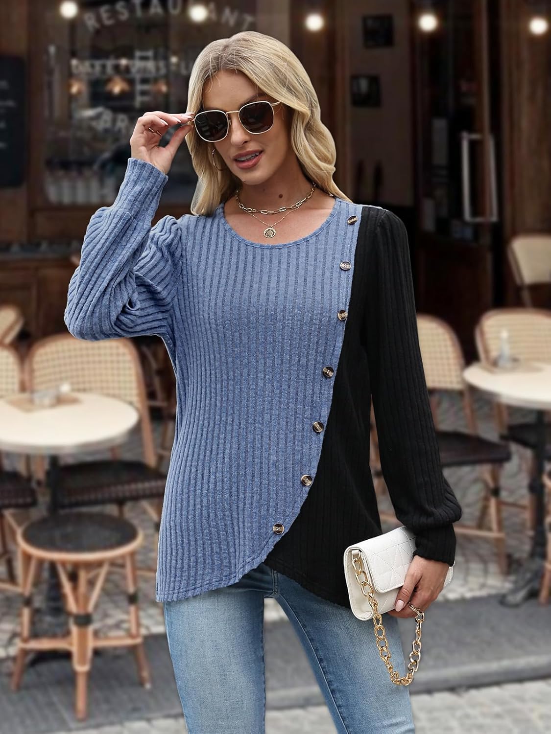 MixShe Womens Knit Sweaters 2025 Fall Winter Casual Long Sleeve Ribbed Colorblock Button Pullover Tops