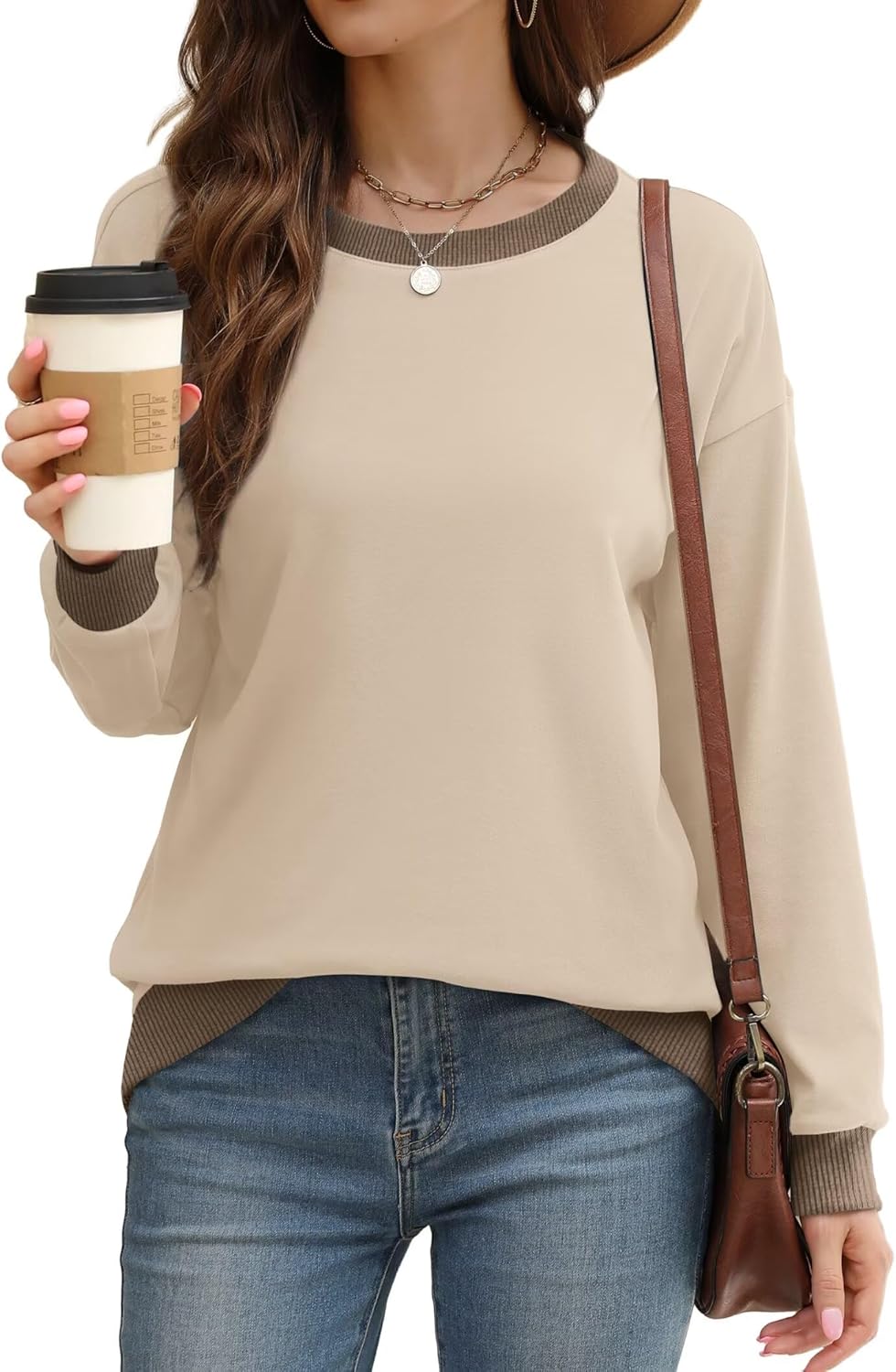WIHOLL Sweatshirts for Women Crewneck Long Sleeve Loose Fit Sweaters Color Block Ribbed Trim Womens Tops Fall Fashion 2025