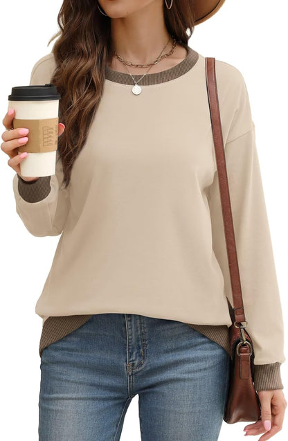 WIHOLL Sweatshirts for Women Crewneck Long Sleeve Loose Fit Sweaters Color Block Ribbed Trim Womens Tops Fall Fashion 2025