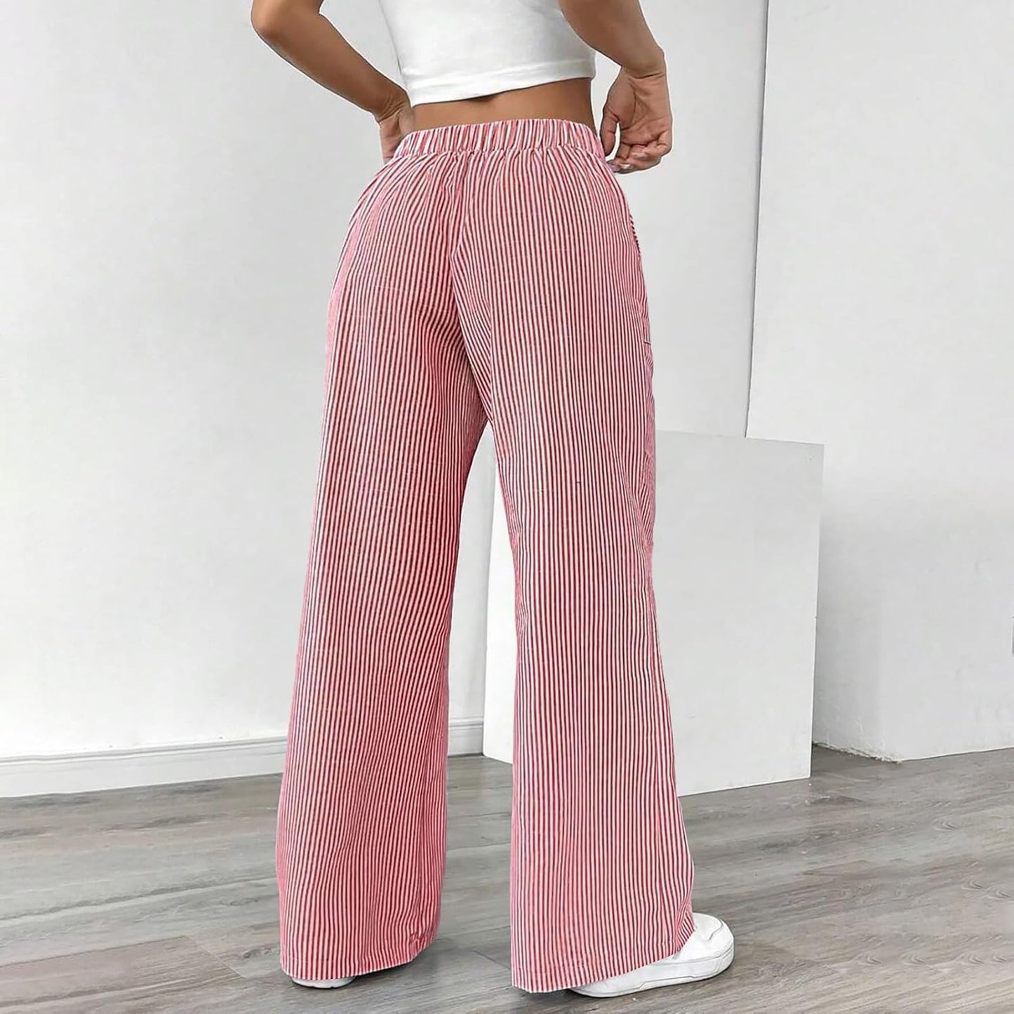 Women's Fashion Striped Cotton Linen Pants Casual Drawstring Waist Wide Leg Pants 2025 Trendy Baggy Beach Trousers