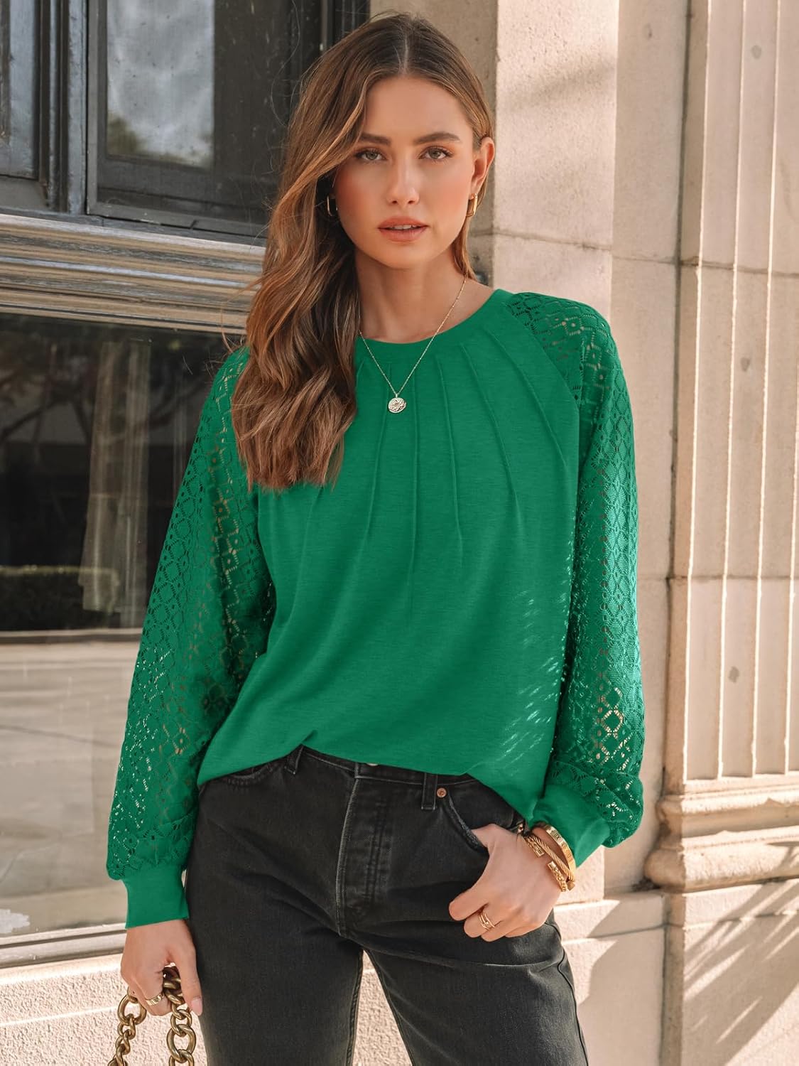 AUTOMET Womens Long Sleeve Shirts Pleated Lace Tops Fall Fashion Outfits Business Casual Blouses