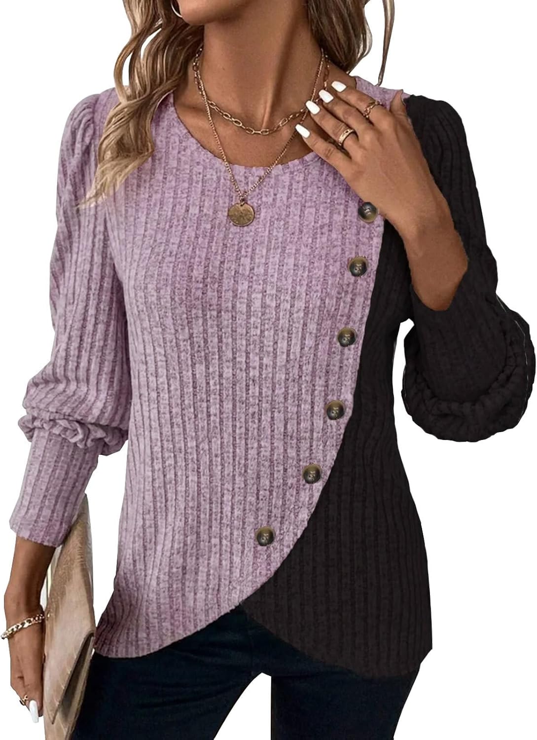 MixShe Womens Knit Sweaters 2025 Fall Winter Casual Long Sleeve Ribbed Colorblock Button Pullover Tops