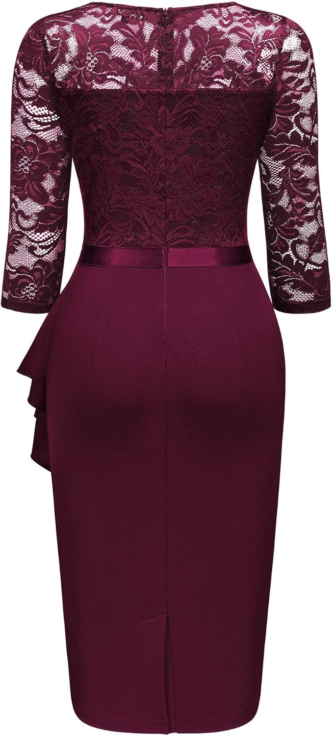 Miusol Women's Retro V Neck Floral Lace Ruffle Style Cocktail Party Dress