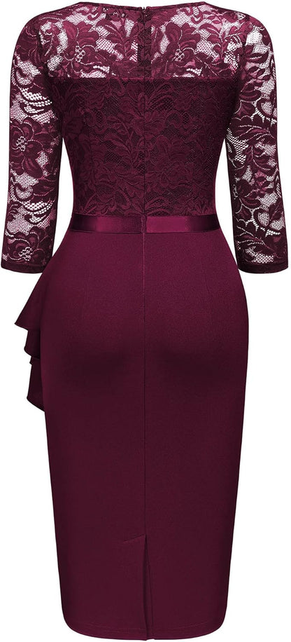 Miusol Women's Retro V Neck Floral Lace Ruffle Style Cocktail Party Dress