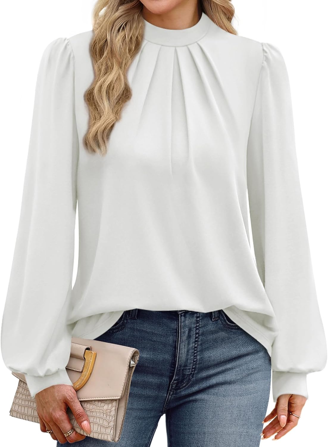 WIHOLL Long Sleeve Shirts for Women Mock Neck Tops Pleated Front Blouses Dressy Casual Fall Clothes 2025 Fashion