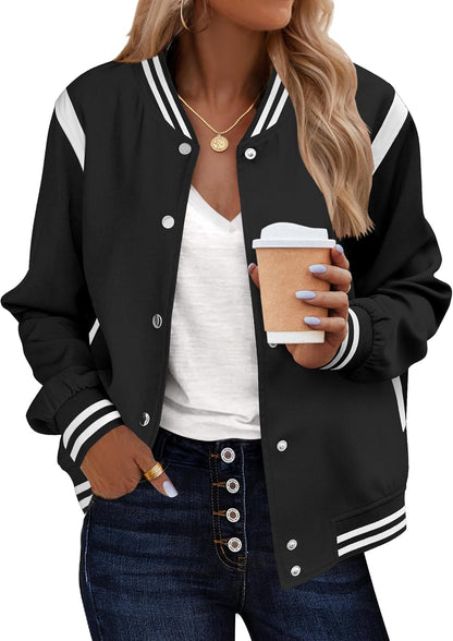 Zeagoo Bomber Jacket Women Varsity Casual Button Down Lightweight 2025 Fall Fashion Short School Outfits with Pockets