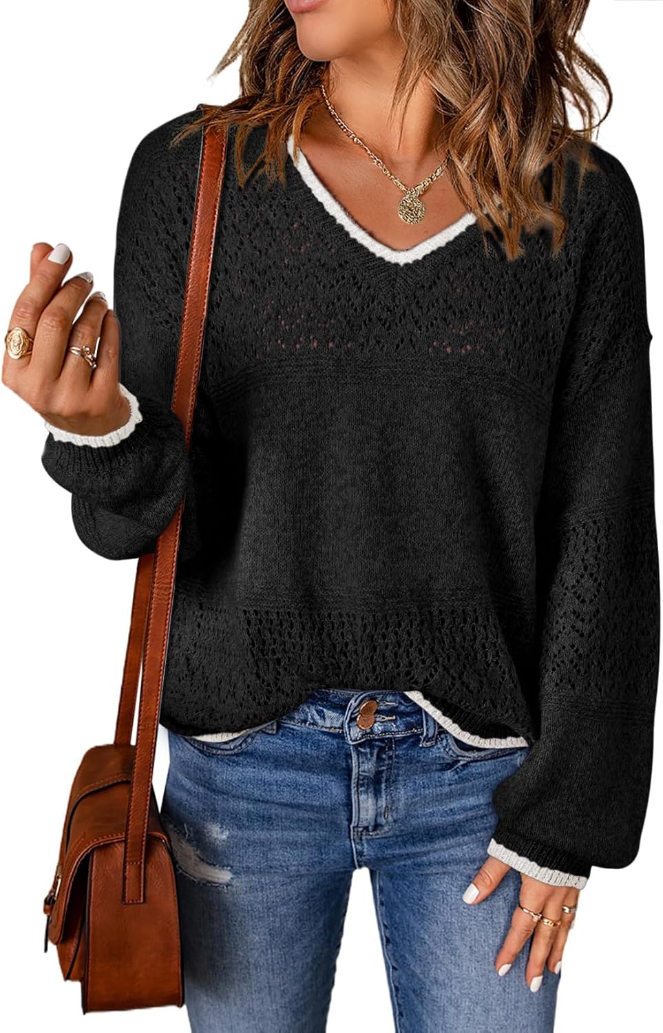 Womens Sweaters Causal Long Sleeve V Neck Lightweight Corchet Pullover Sweater Tops
