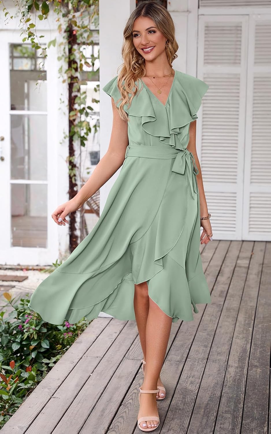 PRETTYGARDEN Women's 2025 Summer Cross Midi Dress Casual Boho Deep V Neck Short Sleeve Ruffle Hem Split Beach Long Dresses