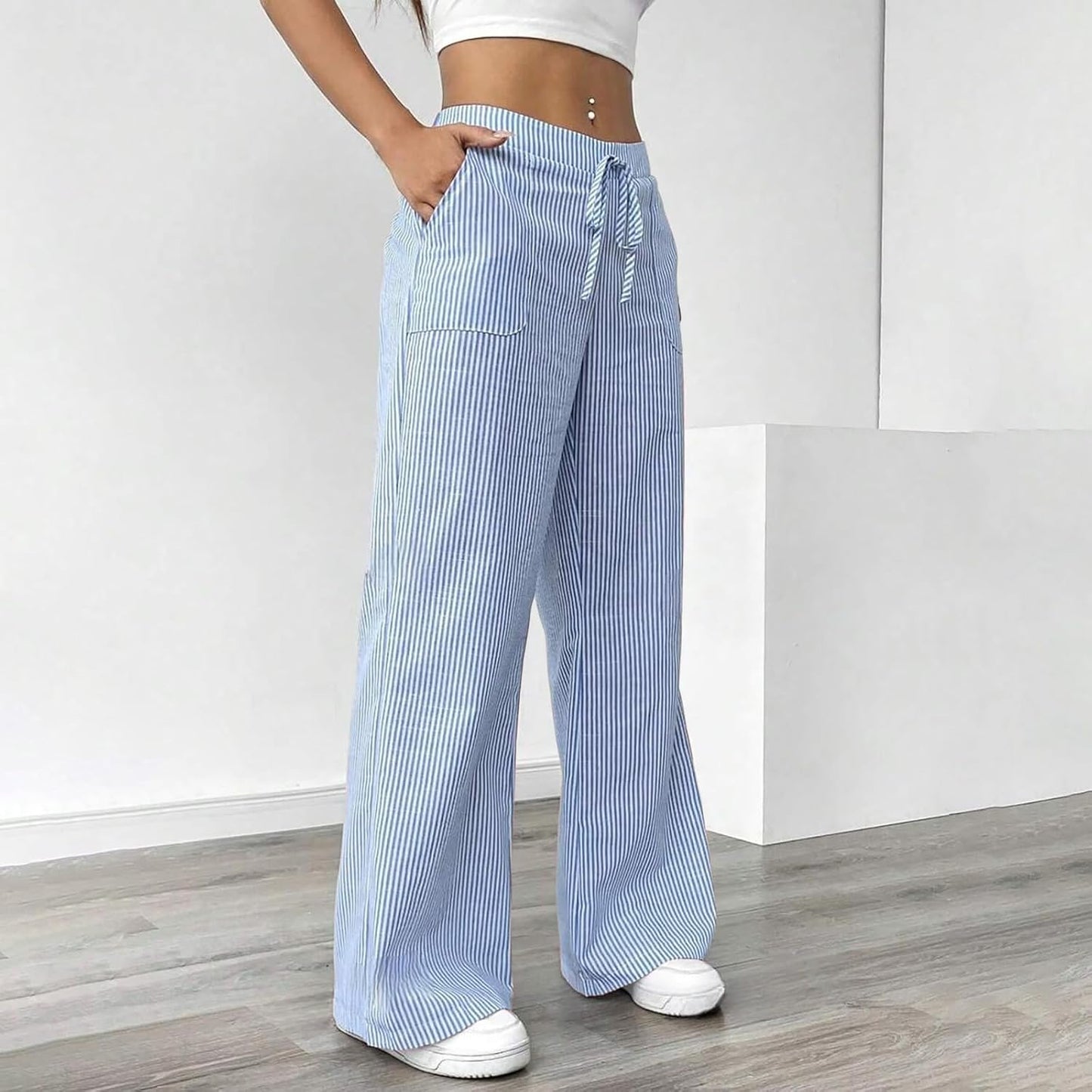 Women's Fashion Striped Cotton Linen Pants Casual Drawstring Waist Wide Leg Pants 2025 Trendy Baggy Beach Trousers
