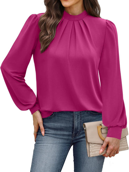 WIHOLL Long Sleeve Shirts for Women Mock Neck Tops Pleated Front Blouses Dressy Casual Fall Clothes 2025 Fashion