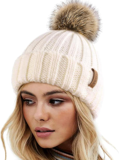 Beanie Hat with Faux Fur Pom