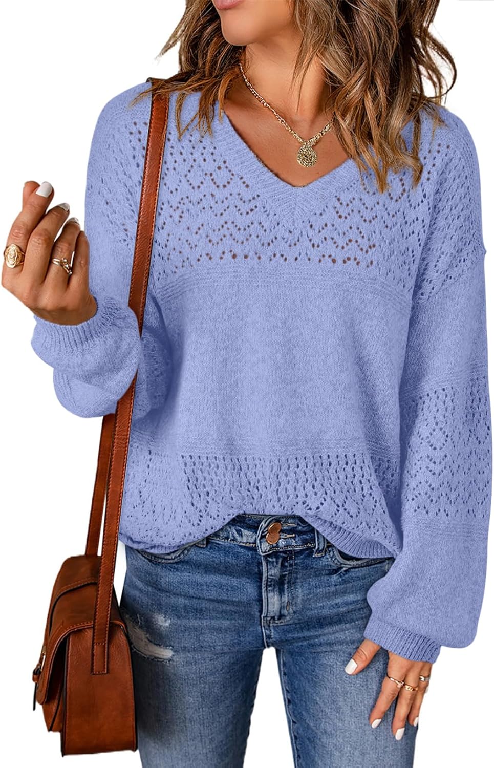 Womens Sweaters Causal Long Sleeve V Neck Lightweight Corchet Pullover Sweater Tops