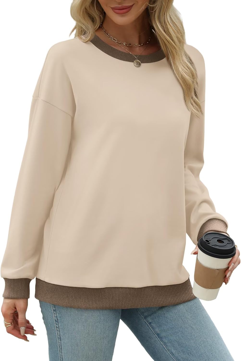 WIHOLL Sweatshirts for Women Crewneck Long Sleeve Loose Fit Sweaters Color Block Ribbed Trim Womens Tops Fall Fashion 2025