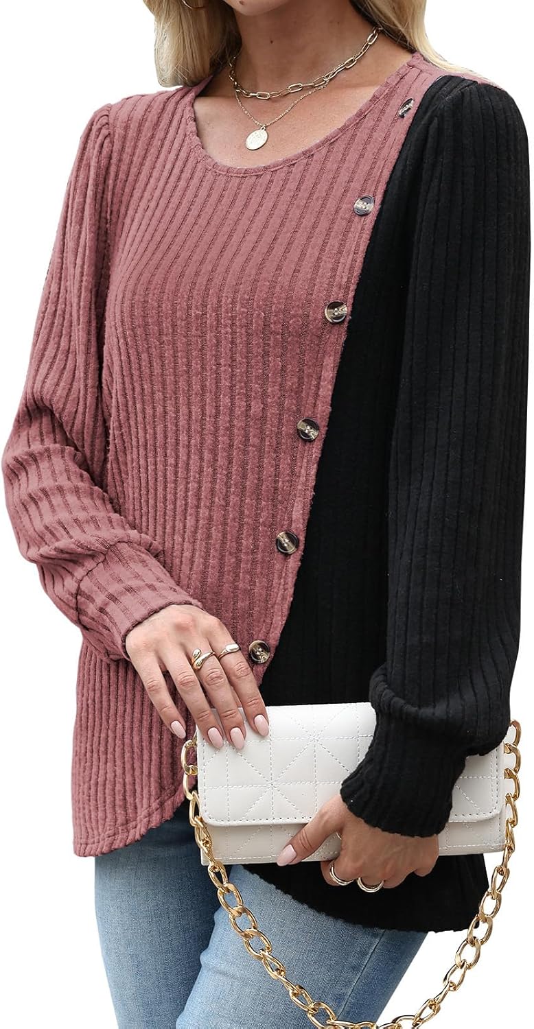 MixShe Womens Knit Sweaters 2025 Fall Winter Casual Long Sleeve Ribbed Colorblock Button Pullover Tops