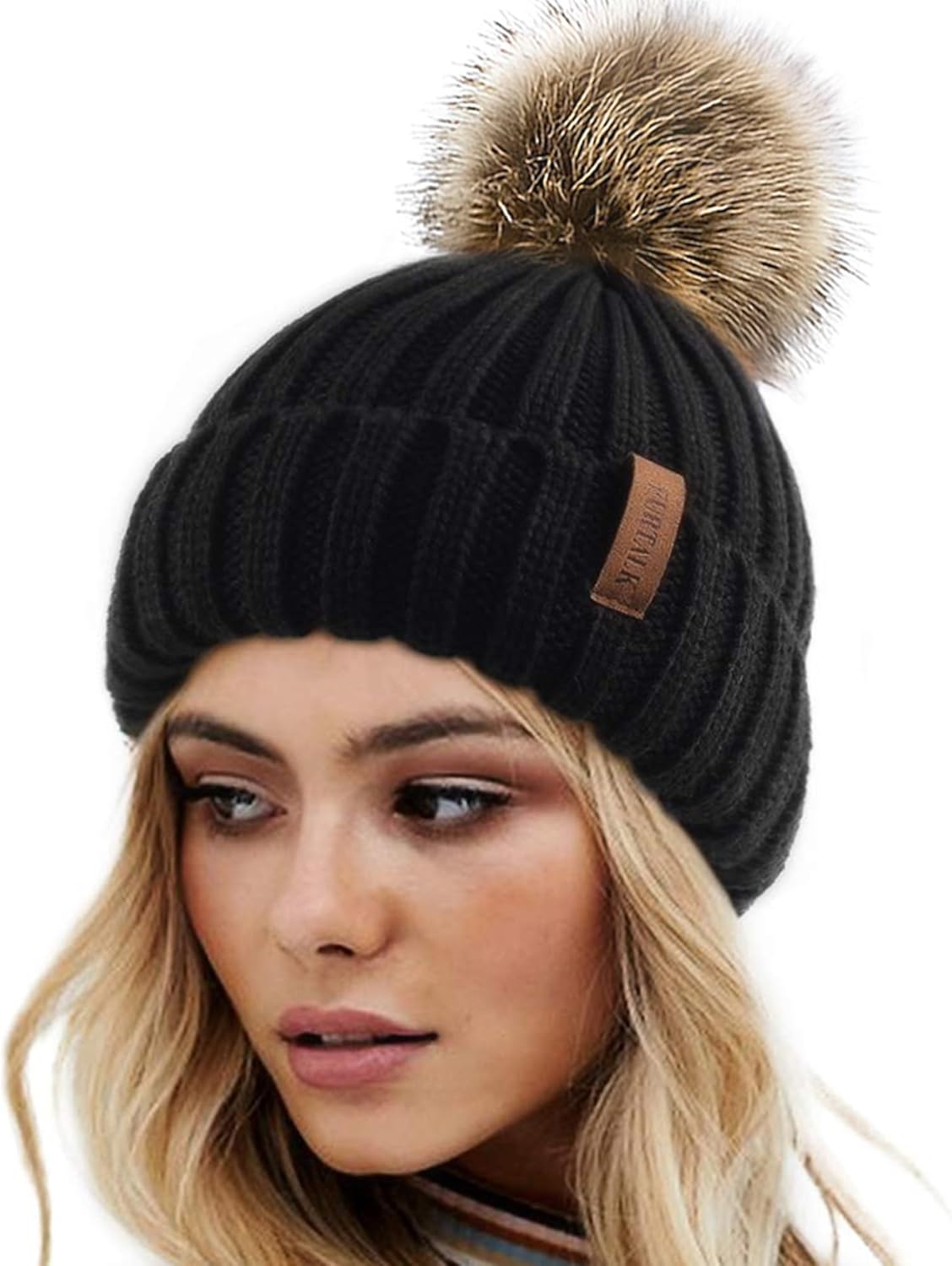 Beanie Hat with Faux Fur Pom