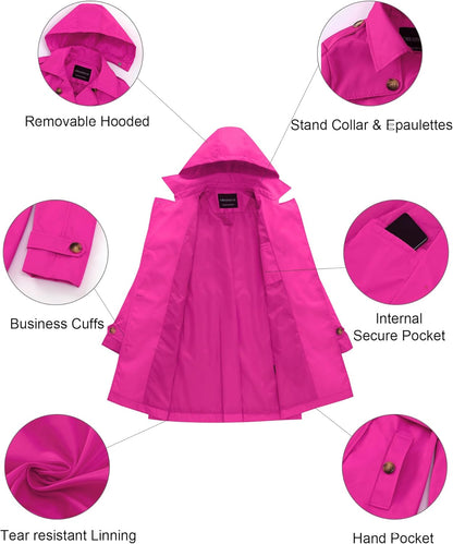 CREATMO US Women's Trench Coat Double-Breasted Classic Lapel Overcoat Belted Slim Outerwear Coat with Detachable Hood