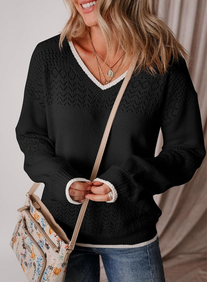 Womens Sweaters Causal Long Sleeve V Neck Lightweight Corchet Pullover Sweater Tops