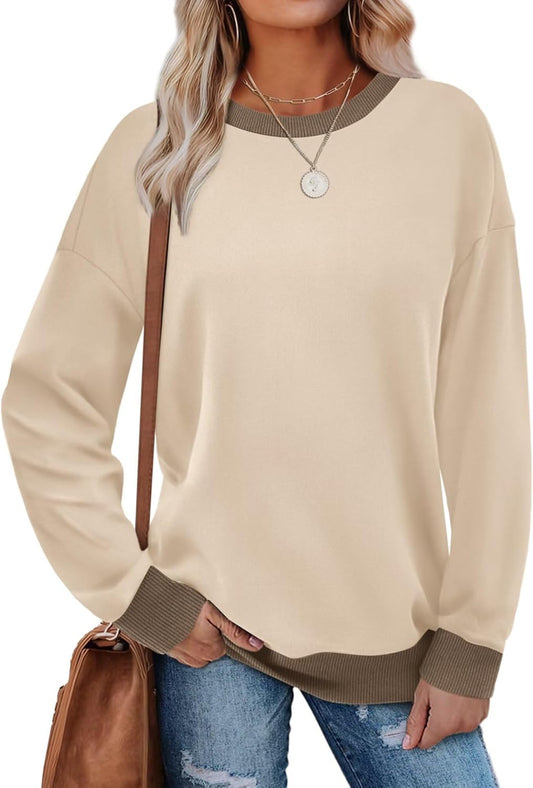 WIHOLL Sweatshirts for Women Crewneck Long Sleeve Loose Fit Sweaters Color Block Ribbed Trim Womens Tops Fall Fashion 2025