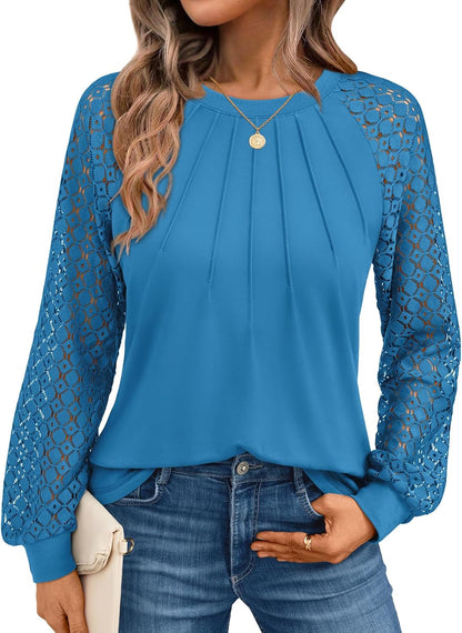 AUTOMET Womens Long Sleeve Shirts Pleated Lace Tops Fall Fashion Outfits Business Casual Blouses