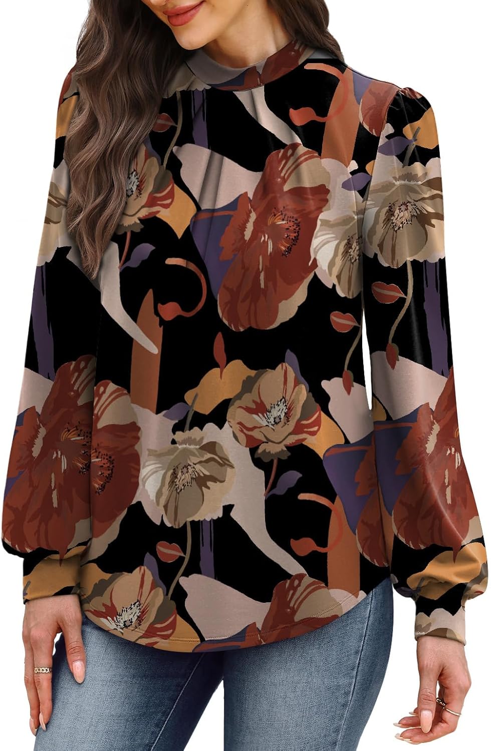 WIHOLL Long Sleeve Shirts for Women Mock Neck Tops Pleated Front Blouses Dressy Casual Fall Clothes 2025 Fashion