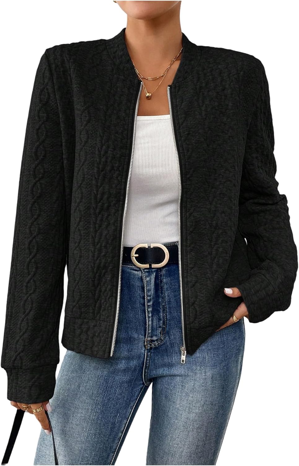 Verdusa Women's Zip Up Textured Lightweight Bomber Jacket Casual Long Sleeve Outerwear