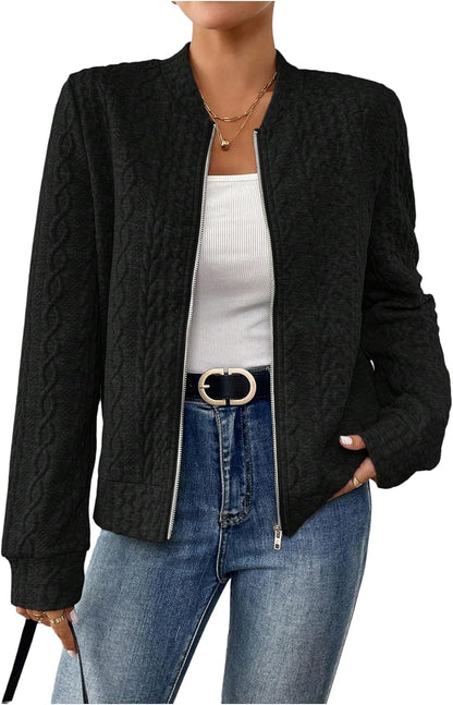 Verdusa Women's Zip Up Textured Lightweight Bomber Jacket Casual Long Sleeve Outerwear