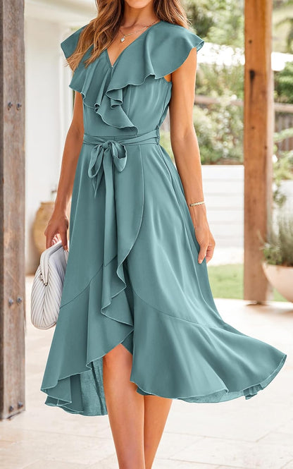 PRETTYGARDEN Women's 2025 Summer Cross Midi Dress Casual Boho Deep V Neck Short Sleeve Ruffle Hem Split Beach Long Dresses